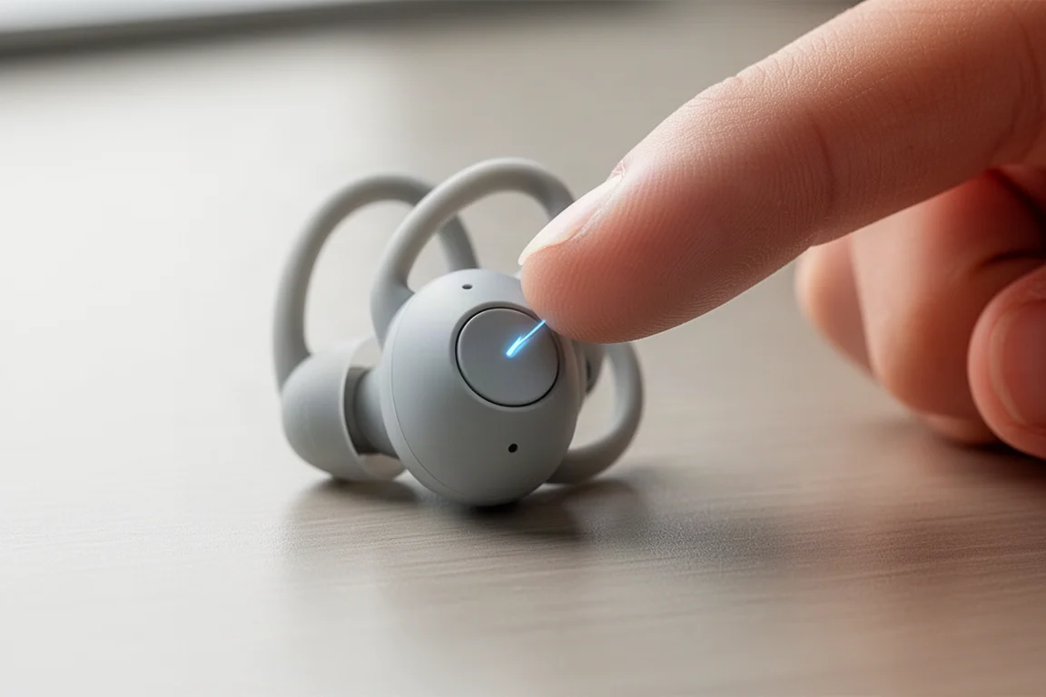 Close-up of a physical button on an open-ear earbud being pressed