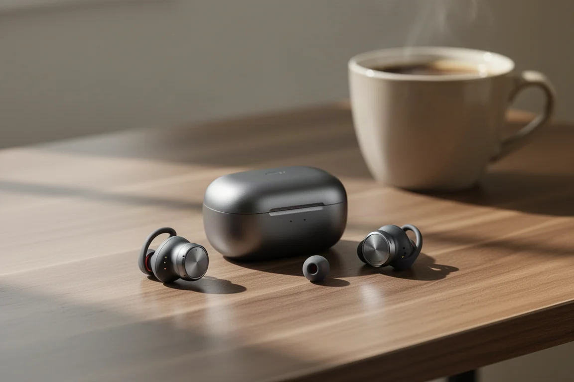 Open-ear earbuds resting beside their charging case on a wooden desk