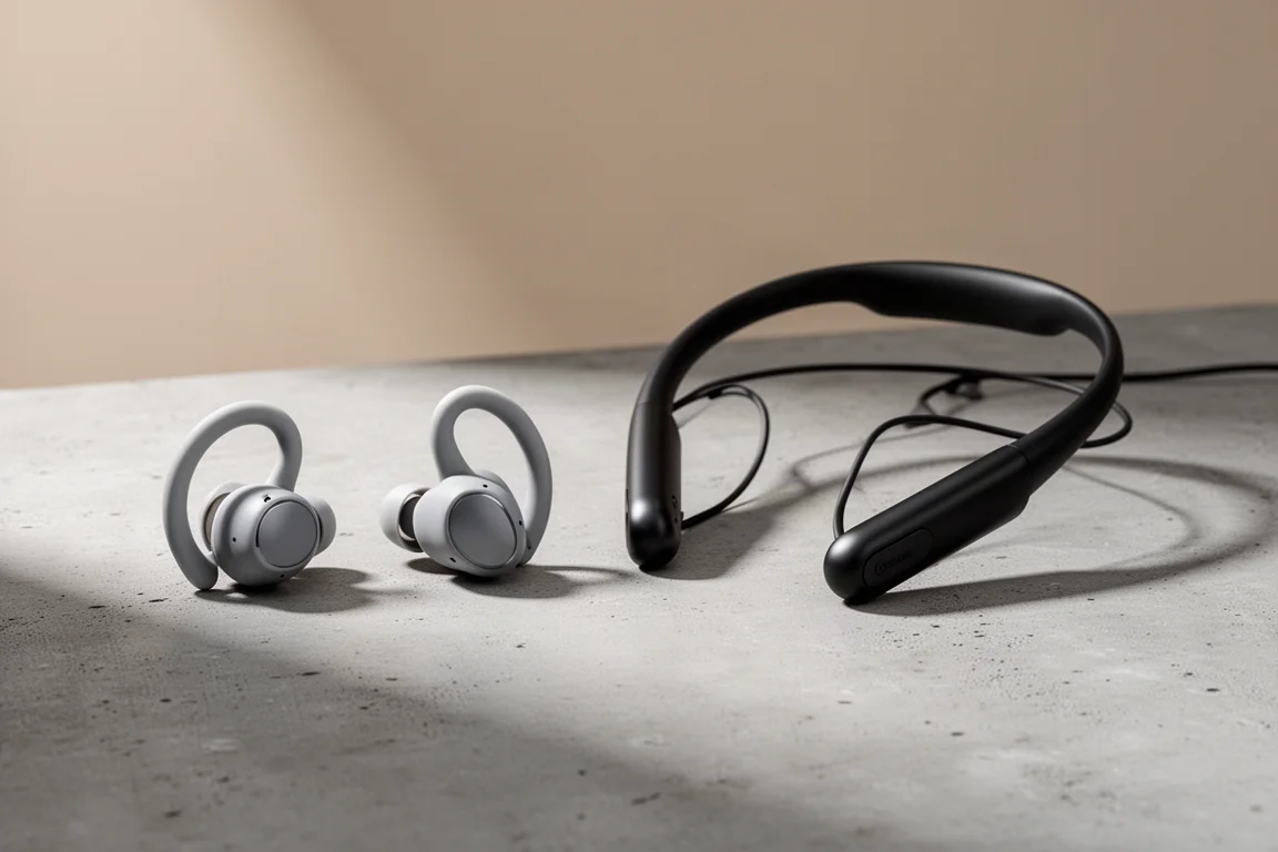 Shokz OpenFit 2 earbuds and OpenRun Pro 2 wraparound headphones side by side