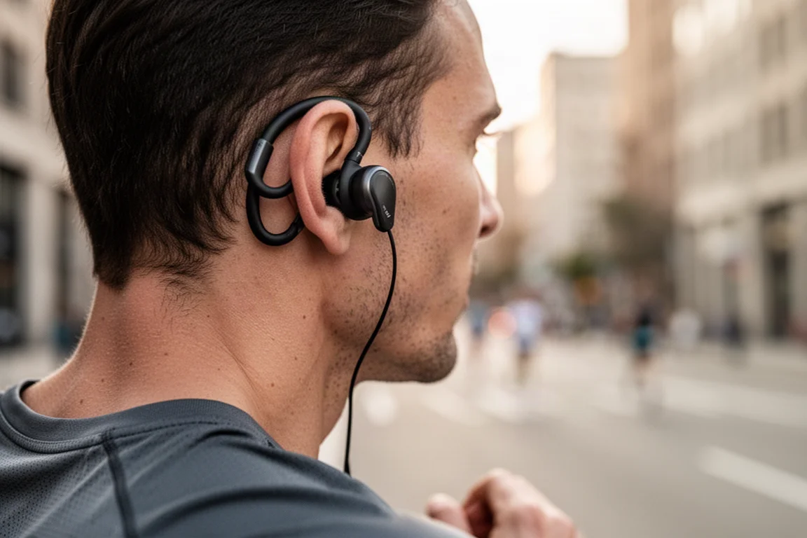 Corredora con auriculares de oído abierto con ganchos durante una carrera urbana