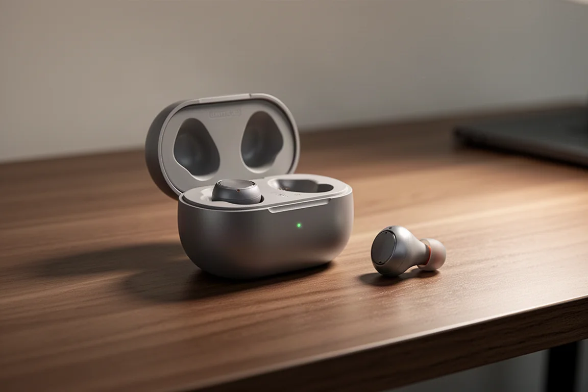 Auriculares de oído abierto colocándose en su estuche de carga