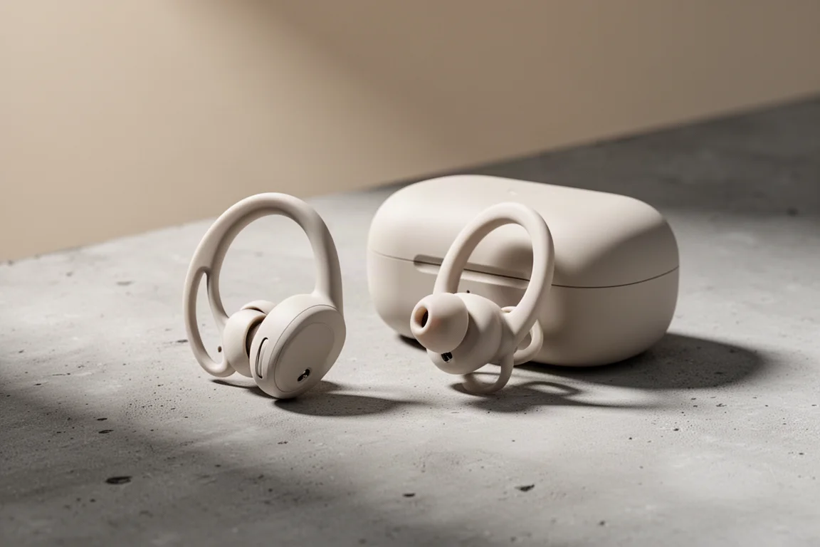 Shokz OpenFit Air open-ear earbuds beside their charging case on concrete