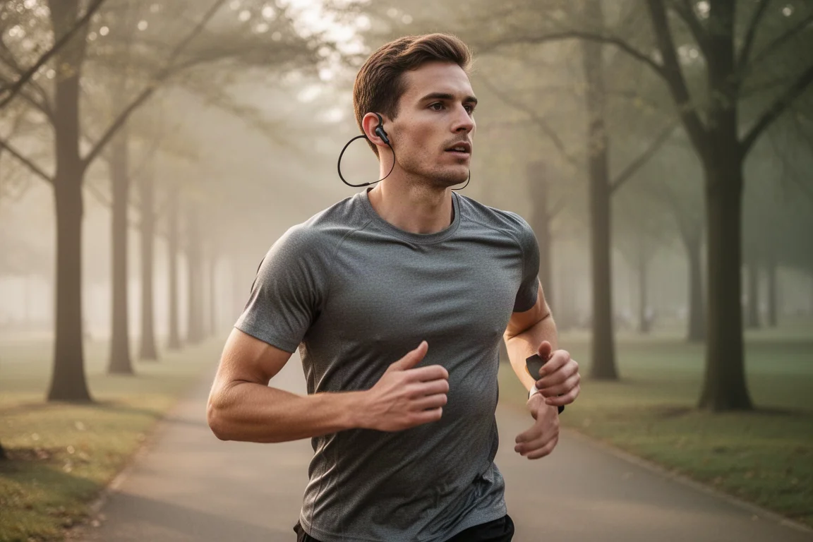 Corridore su un viale del parco con auricolari open-ear nella morbida luce del mattino