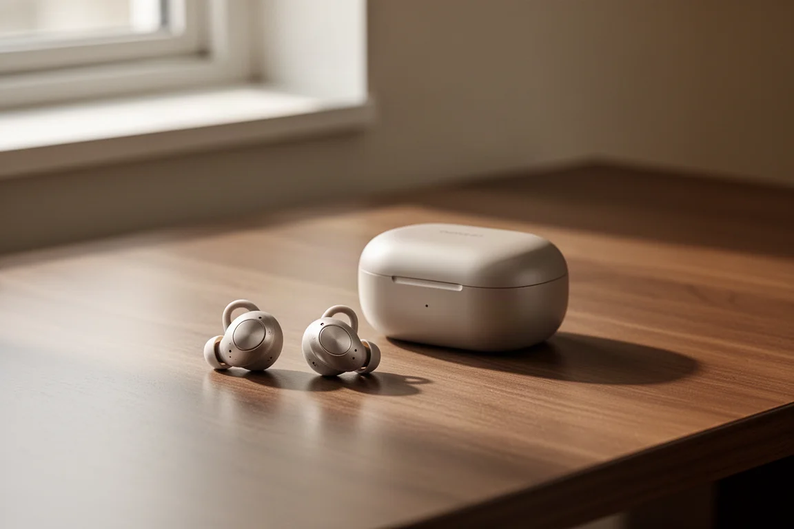 Auricolari open-ear e custodia di ricarica appoggiati su una scrivania in legno