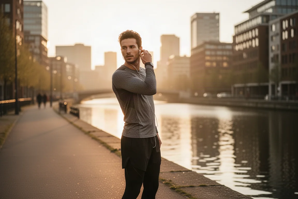 Corridore in pausa accanto a un canale urbano mentre regola un auricolare
