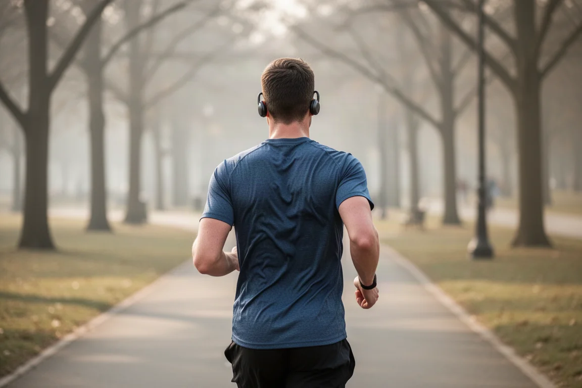 Runner su una pista asfaltata con cuffie open-ear a gancio auricolare nella luce morbida del mattino