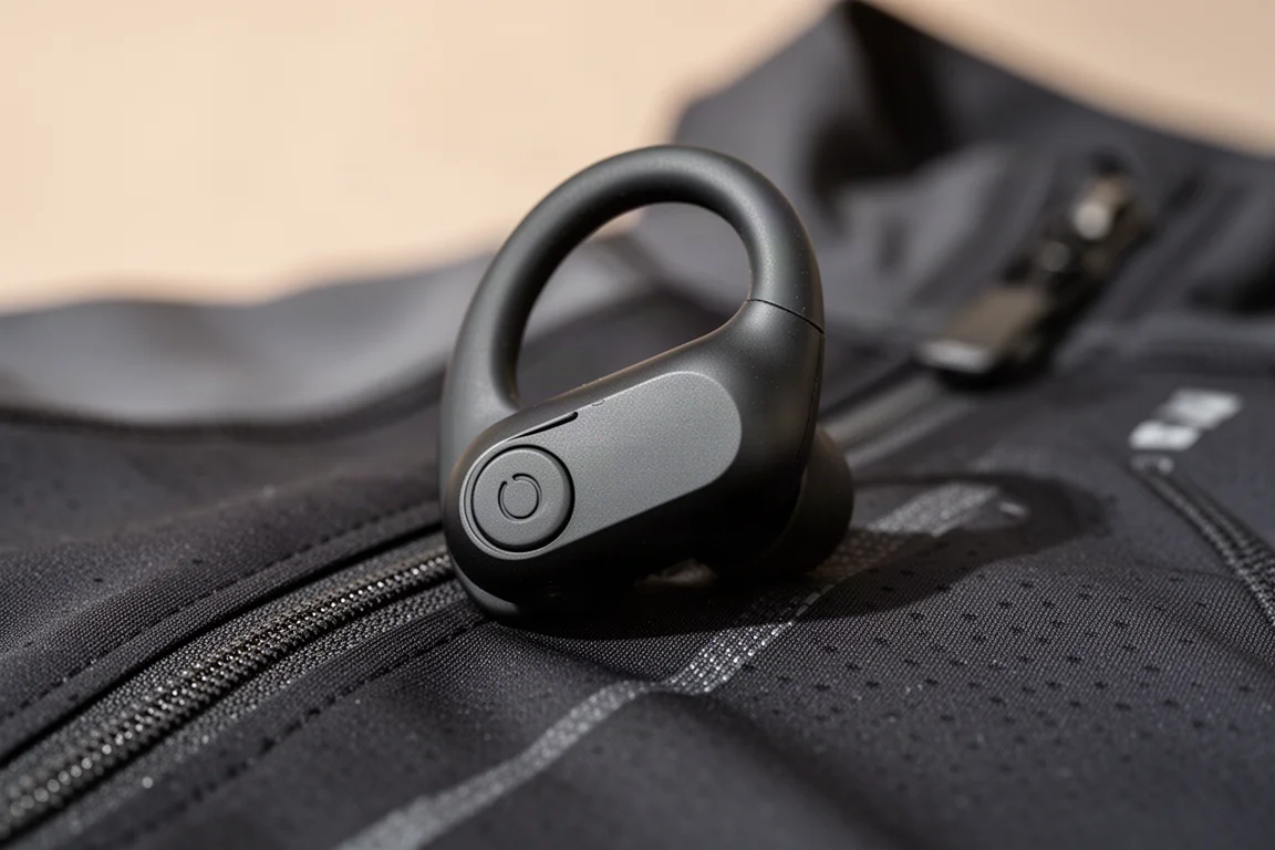 Primo piano di piccoli pulsanti fisici su un auricolare a gancio tenuto vicino a una giacca da running