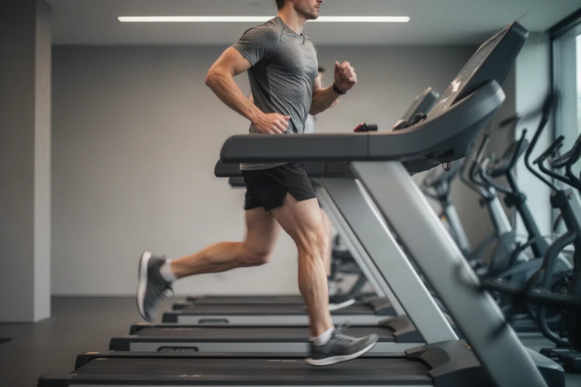 Runner su un tapis roulant al chiuso con auricolari in un ambiente palestra silenzioso