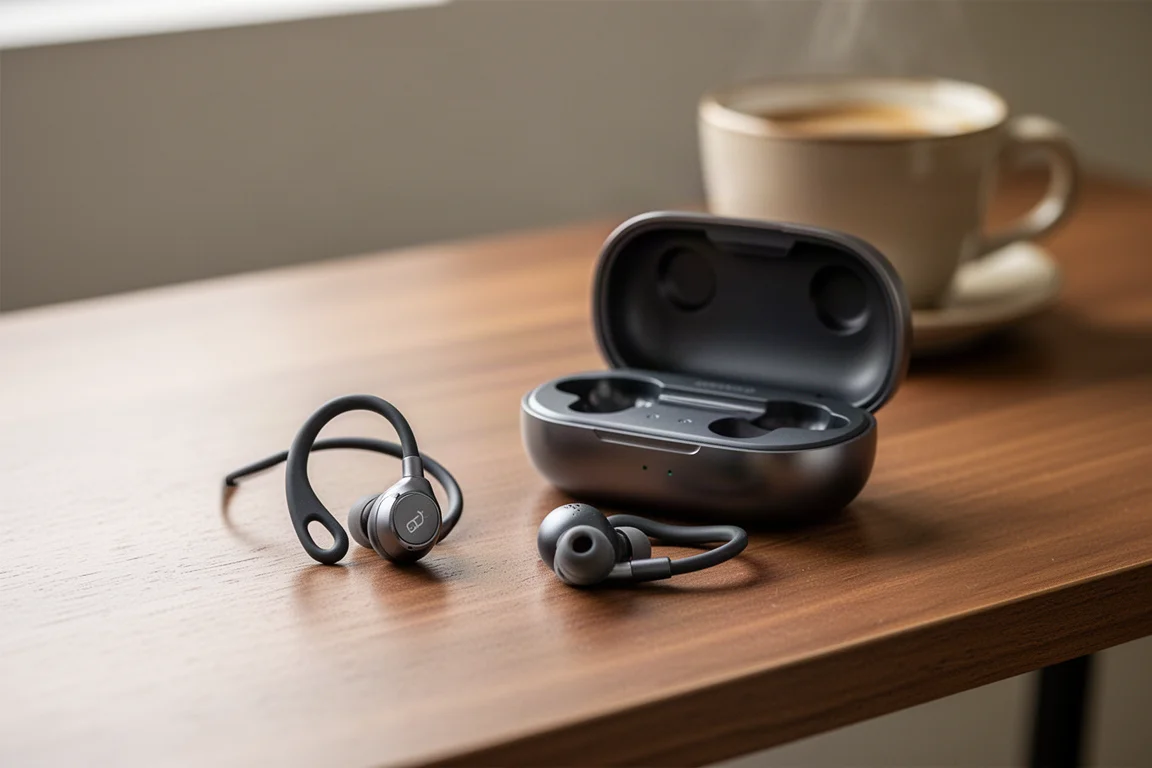 Auricolari open-ear appoggiati accanto a una tazza di caffè su una scrivania in legno