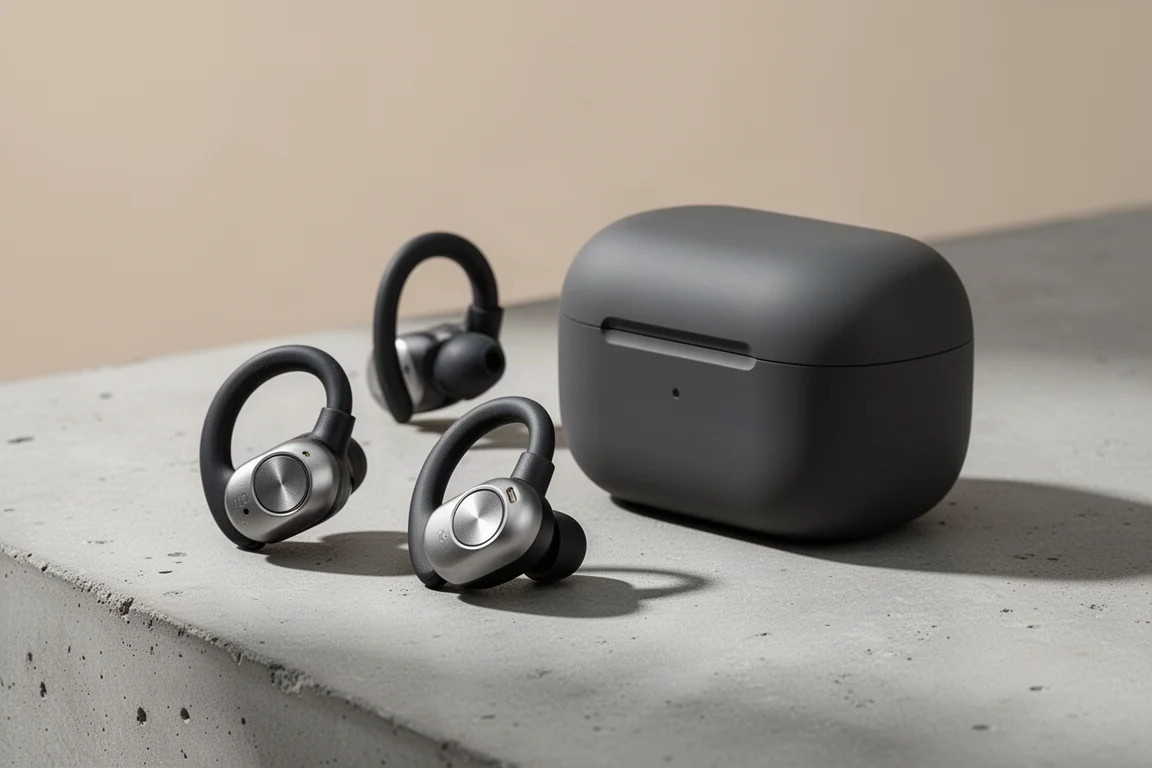 Shokz OpenFit Pro open-ear earbuds with charging case on concrete surface