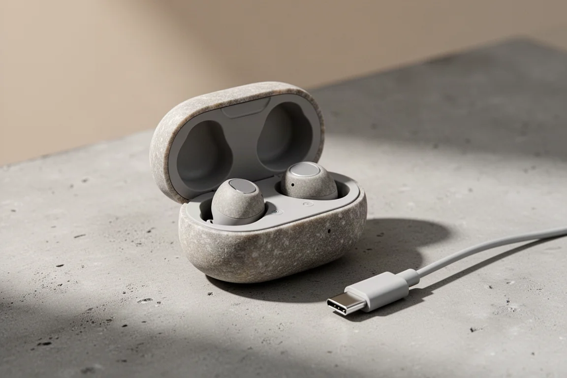 Słuchawki w otwartym etui ładującym w kształcie kamyka, podłączonym do kabla USB-C