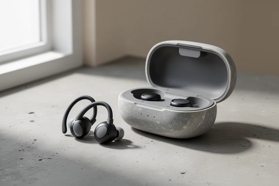 Auricolari wireless a orecchio aperto e custodia di ricarica su una superficie di cemento opaco