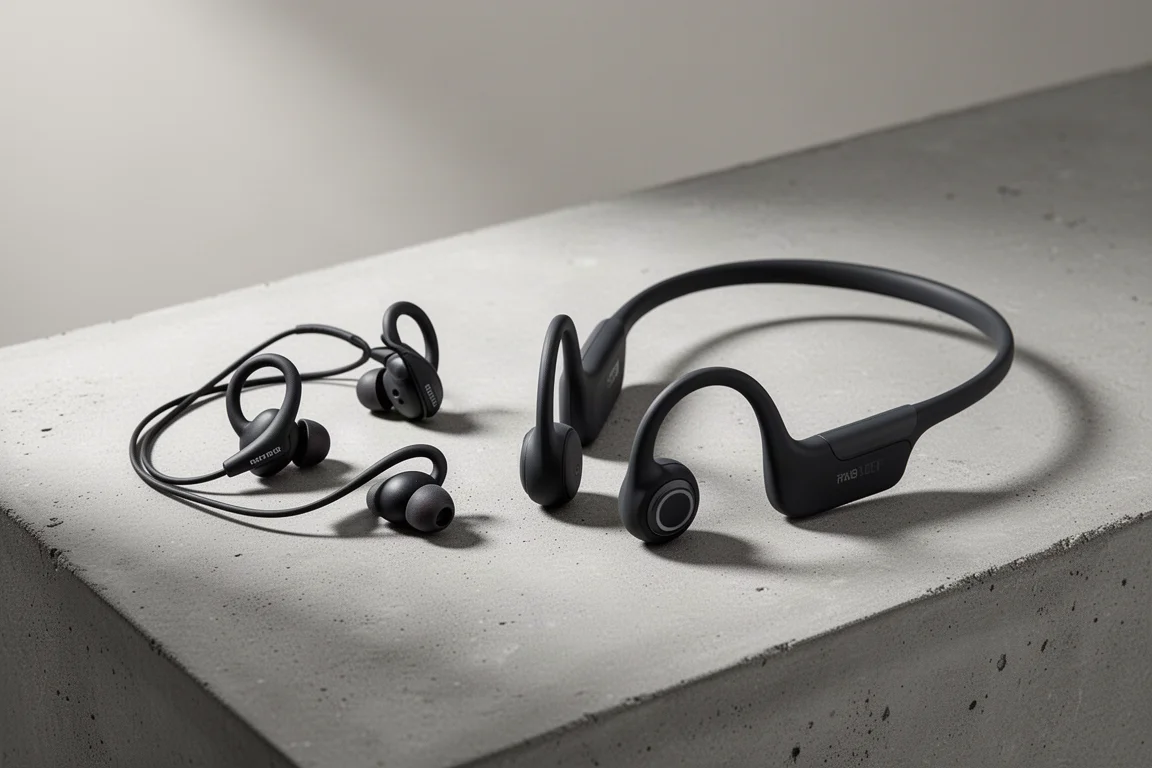 Shokz OpenFit 耳機與 OpenRun Pro 骨傳導耳機並排在石屎地上