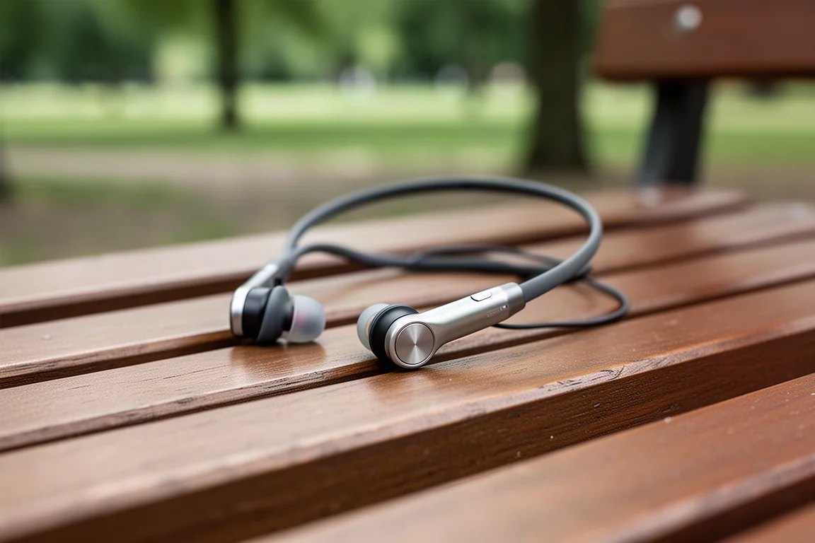 Gros plan sur un casque à bande de nuque en titane léger posé sur un banc en bois