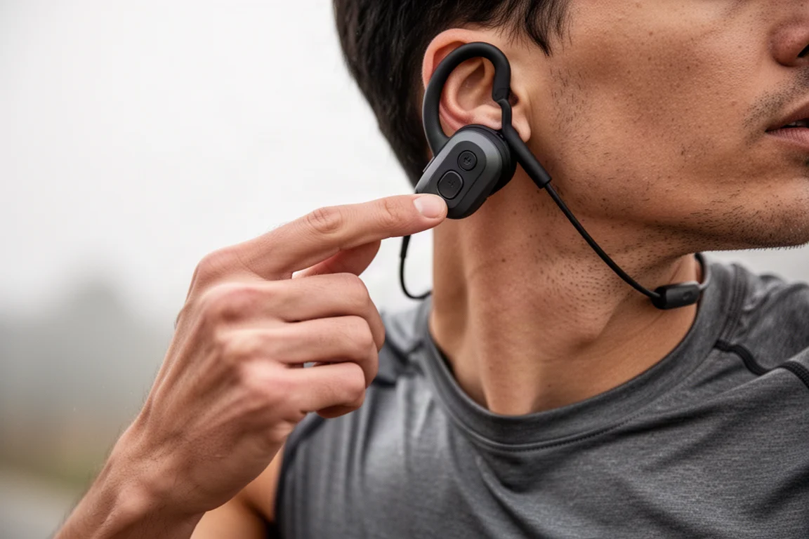 Coureur ajustant un bouton de commande physique sur un casque à bande de nuque en pleine foulée