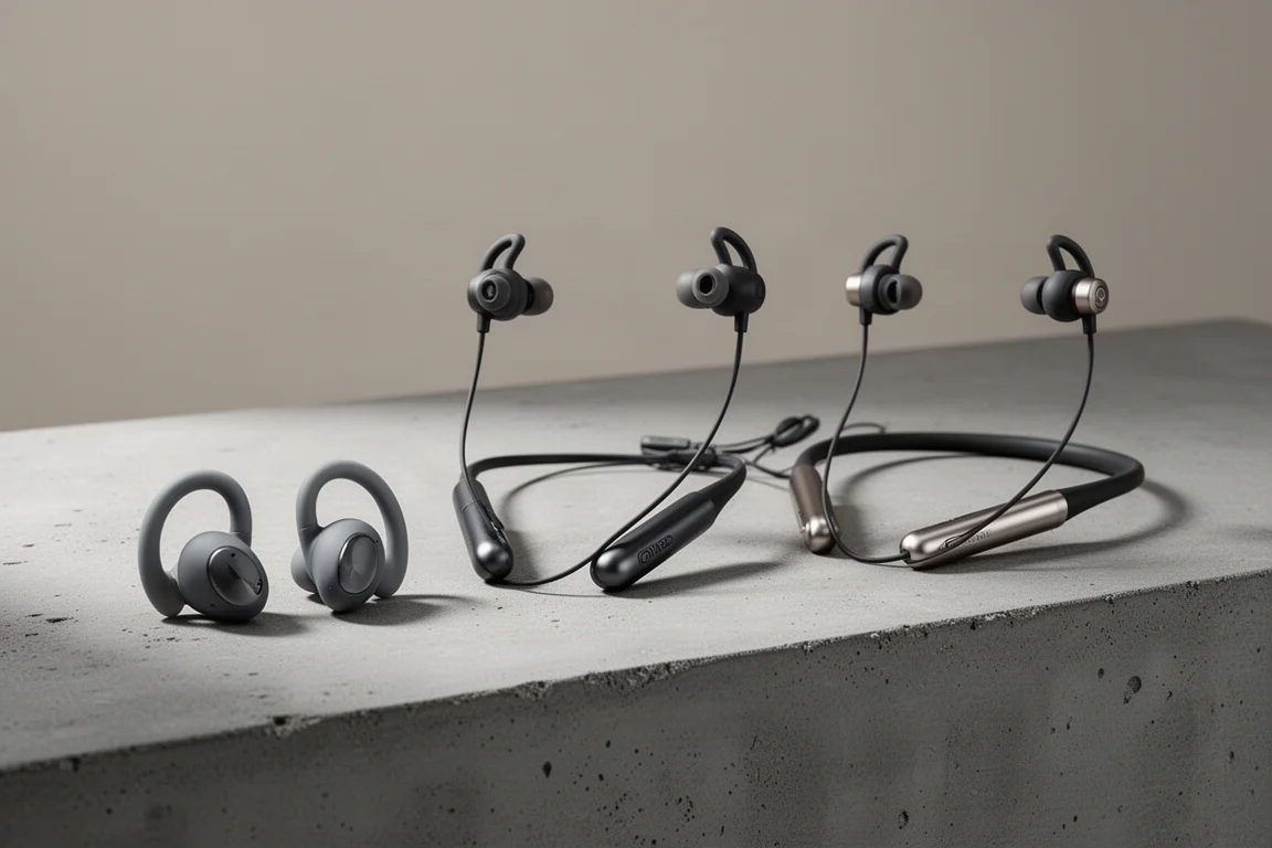 Three pairs of Shokz open-ear sports headphones arranged on a concrete surface