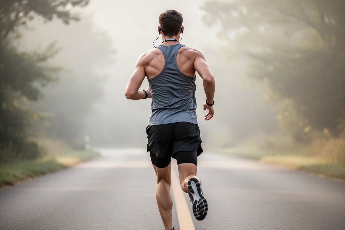 Runner su una strada asfaltata che indossa auricolari open-ear con archetto da collo nella luce soffice del mattino