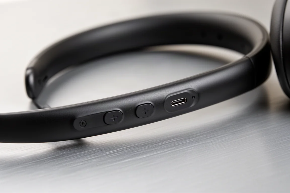 Primo piano dei pulsanti fisici e della porta USB-C sull'archetto da collo delle cuffie