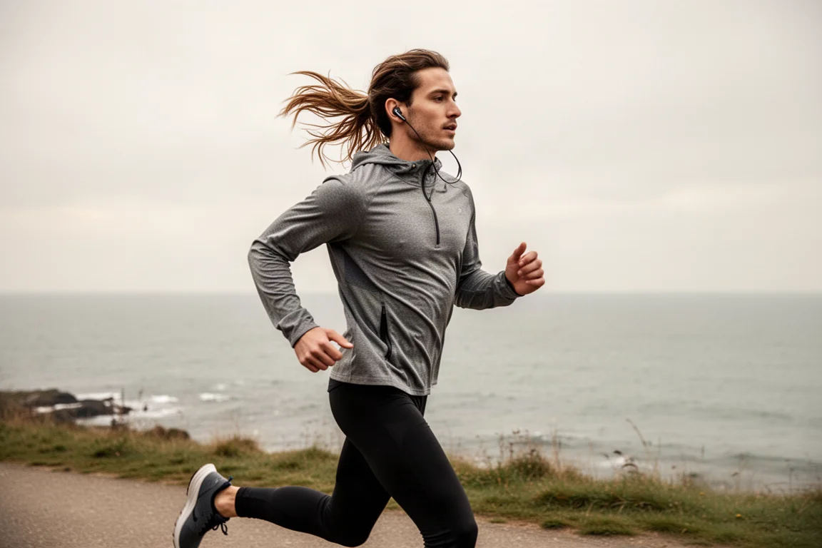 Runner che corre lungo un sentiero costiero ventoso con le cuffie indossate