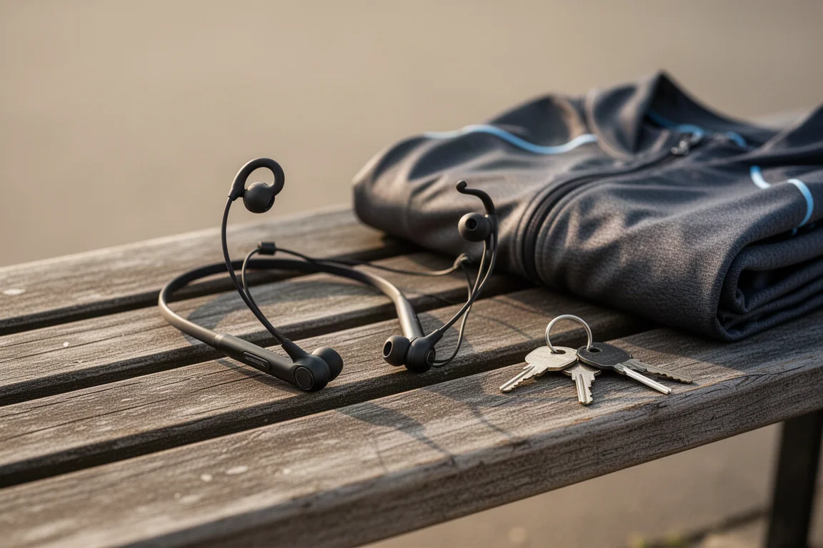 Cuffie open-ear appoggiate su una panchina di legno accanto all'attrezzatura da corsa