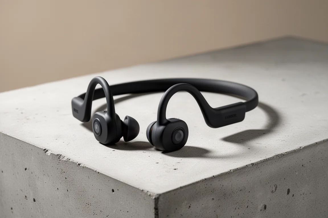 Auricolari running open-ear a conduzione ossea neri e sottili su una superficie di cemento
