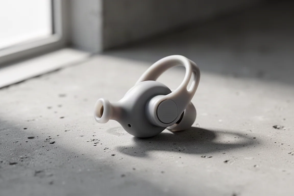 Primer plano de un pequeño auricular de clip apoyado sobre una superficie gris mate