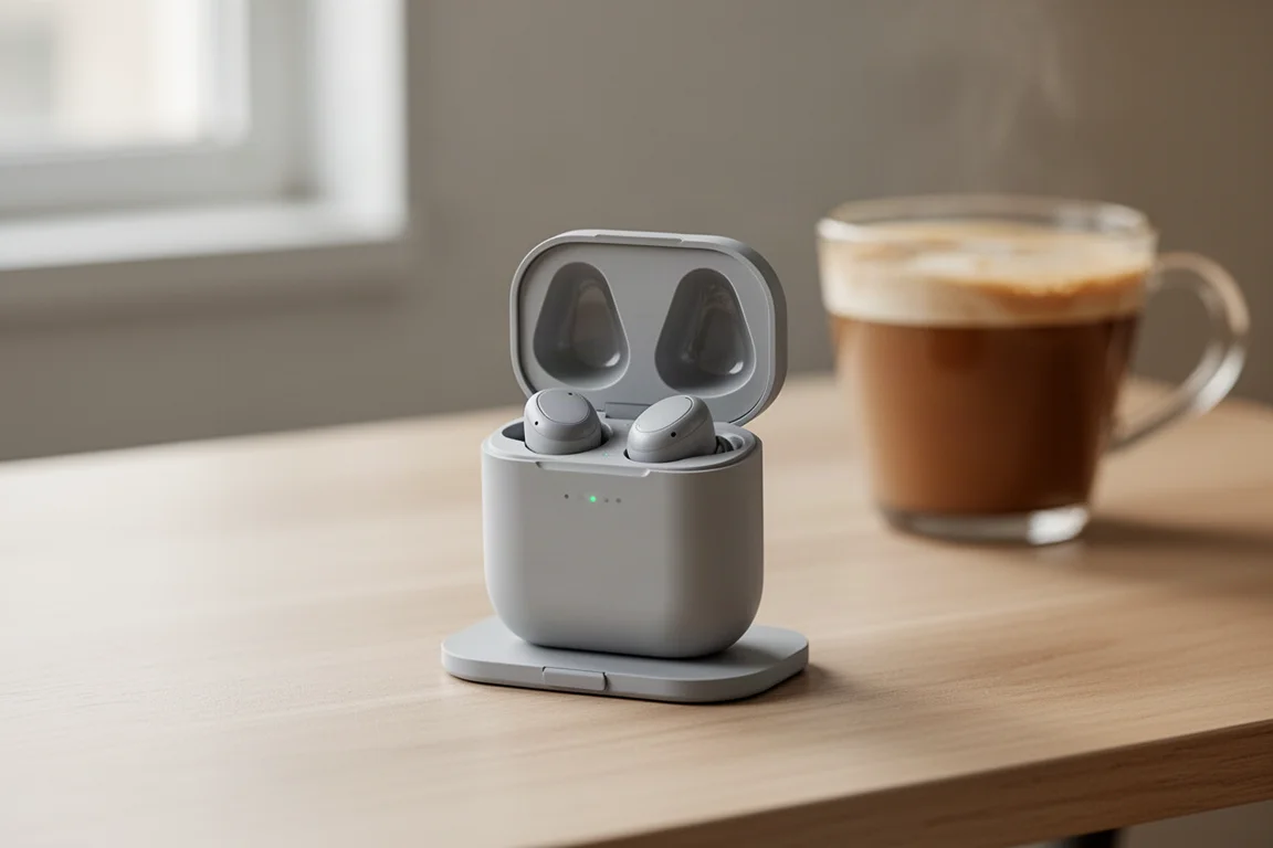 Estuche de carga compacto con los auriculares dentro sobre un escritorio junto a una taza de café