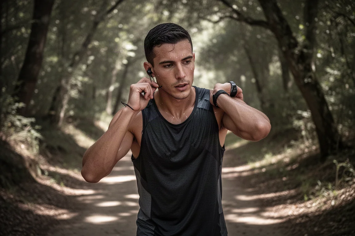 Corredor estirándose tras entrenar en un sendero con los auriculares puestos