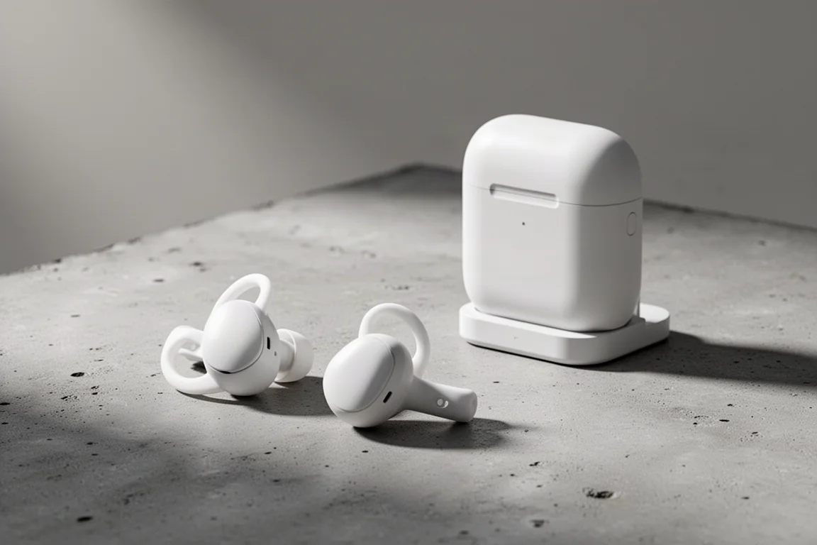 Shokz OpenRun Air clip-on earbuds and charging case on a concrete surface