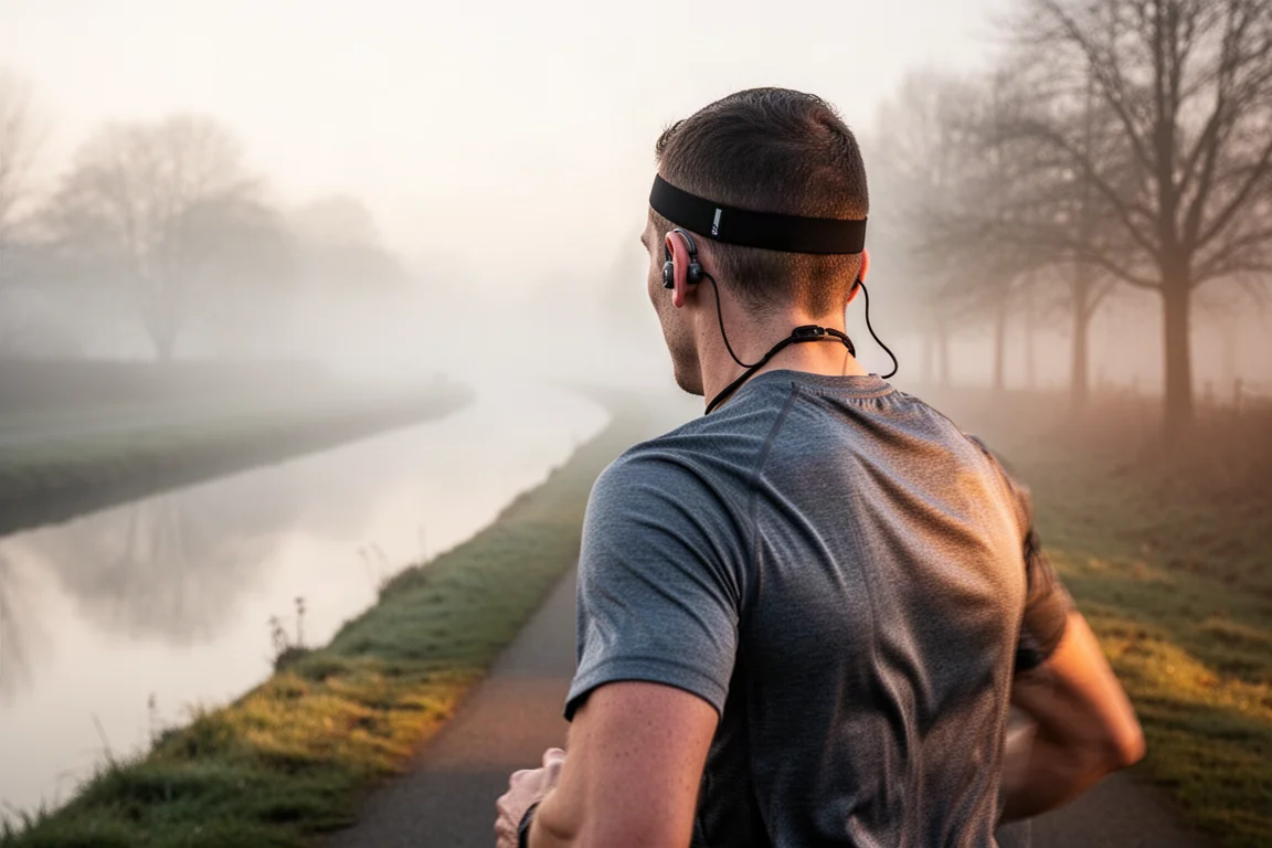 Coureur sur un chemin de halage le long d'un canal portant un casque à oreilles ouvertes dans une douce lumière matinale