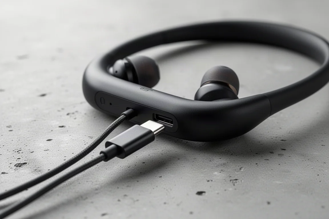 Gros plan sur un port de charge USB-C et son câble sur un casque de sport sombre