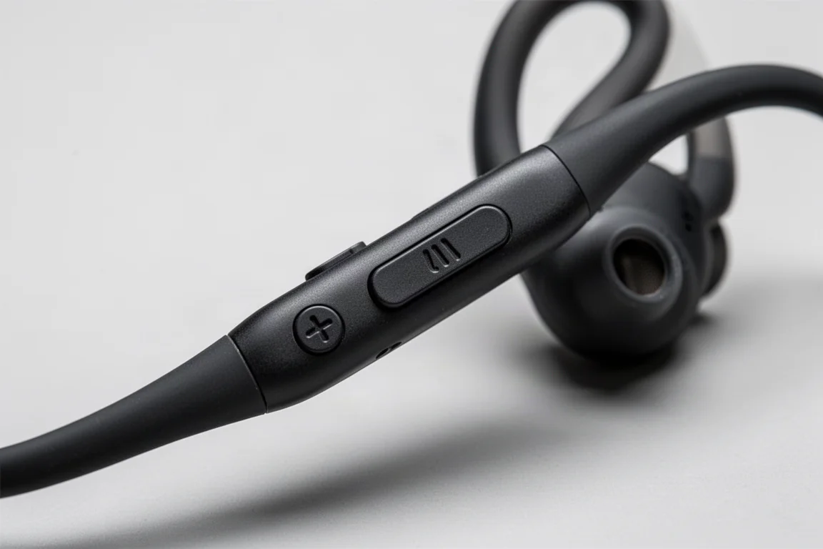 Gros plan sur les boutons physiques sur le côté d'un casque de sport à oreilles ouvertes