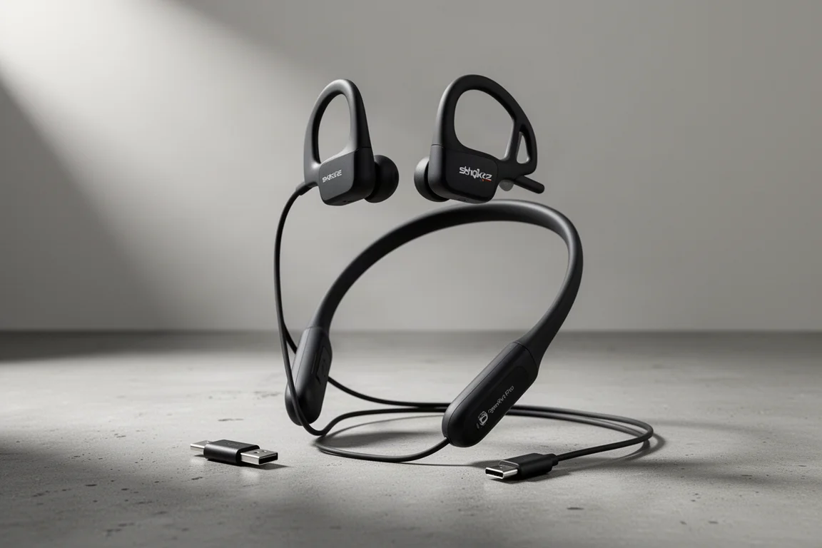 Black open-ear neckband sports headphones on a concrete surface next to a USB-C cable