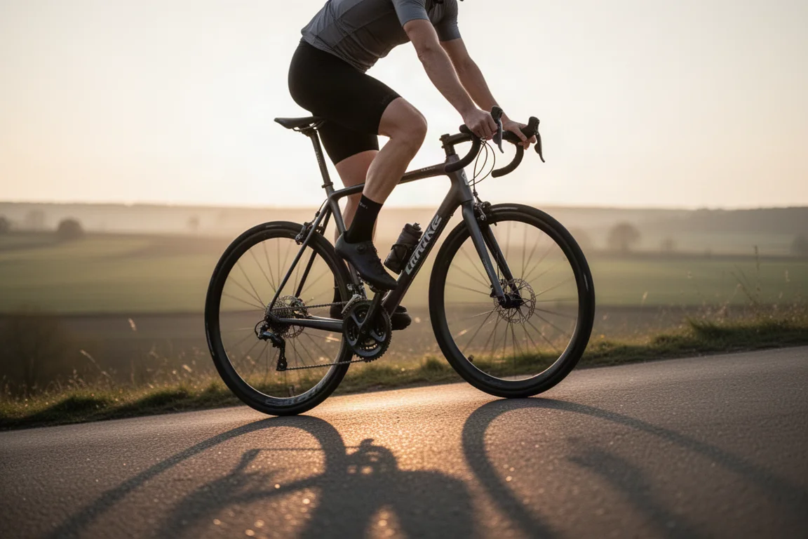 Cyclist climbing a quiet road at sunrise with open-ear headphones on