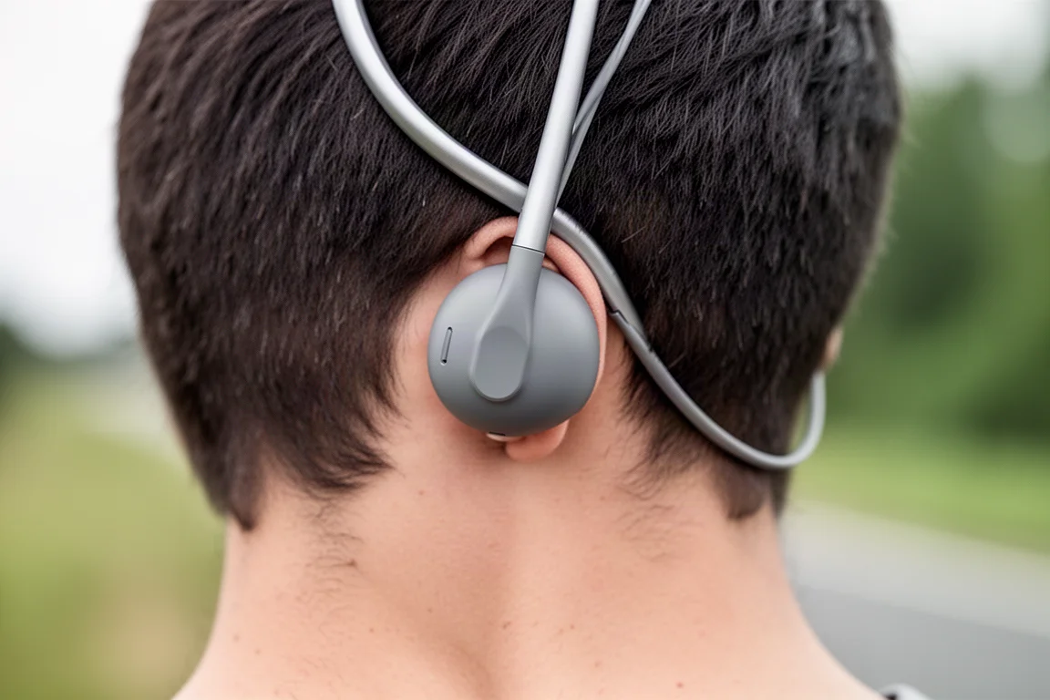 Open-ear headphone pod resting just in front of a cyclist's ear