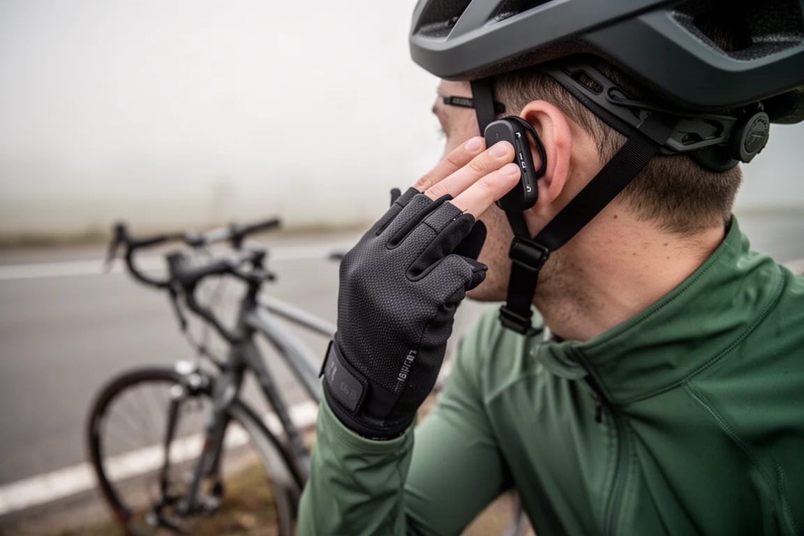 Rider adjusting headphone buttons while stopped at a roadside