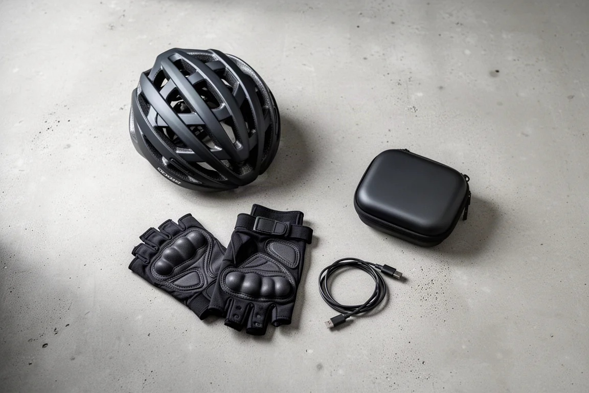 Cycling helmet, gloves and headphone case laid out on a concrete floor