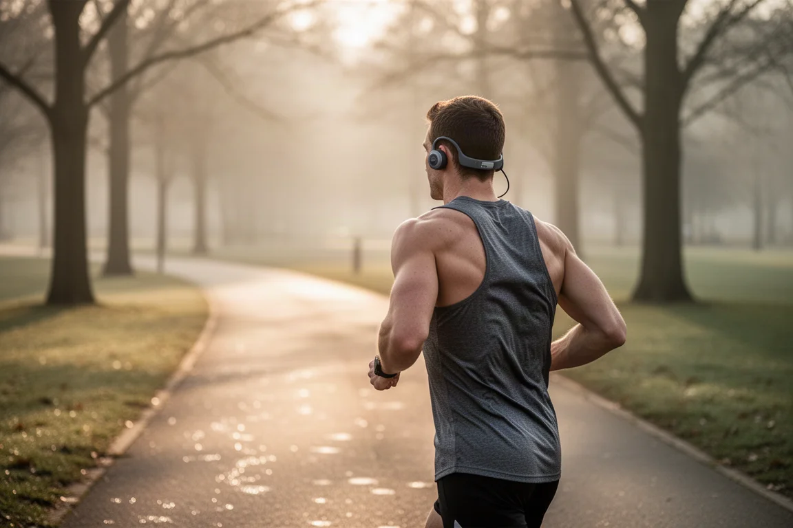 Coureur sur un sentier pavé à l'aube portant des écouteurs à conduction osseuse open-ear