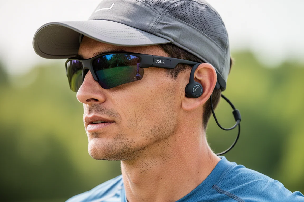 Écouteurs à conduction osseuse portés avec des lunettes de soleil et une casquette de running