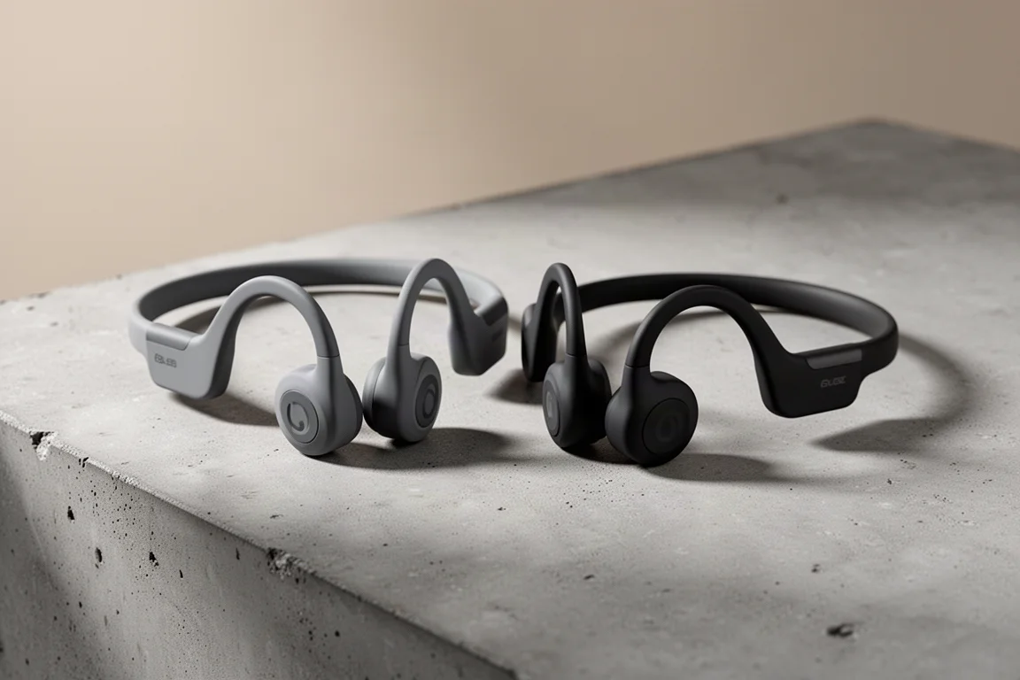 Two pairs of Shokz bone conduction running headphones on a concrete surface