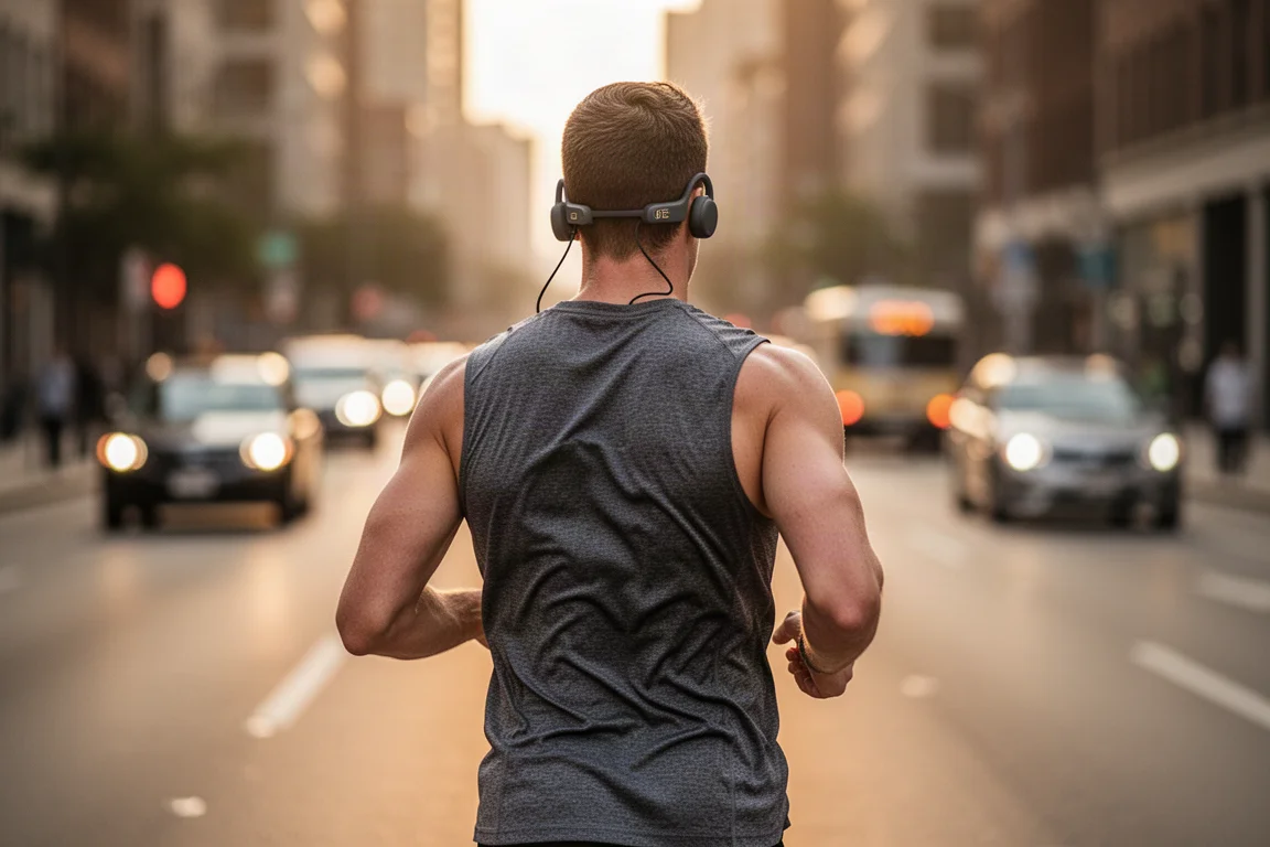 Hardloper op een drukke stadsstraat met open-ear sporthoofdtelefoon