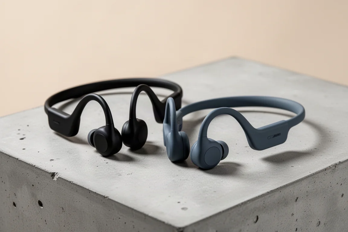 Two pairs of Shokz bone conduction headphones side by side on a concrete surface