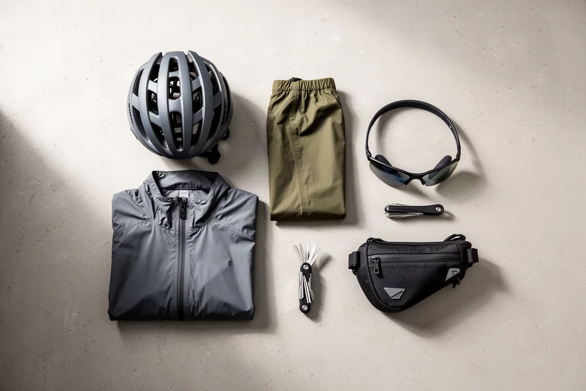 Vista superior de itens essenciais de ciclismo, incluindo capacete, luvas e cabo de carregamento