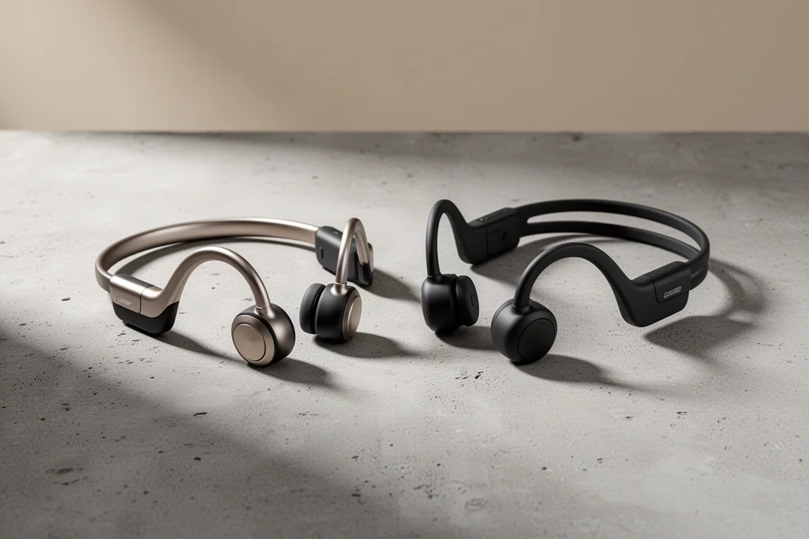 Dois fones esportivos de condução óssea da Shokz lado a lado sobre um fundo infinito cinza-claro