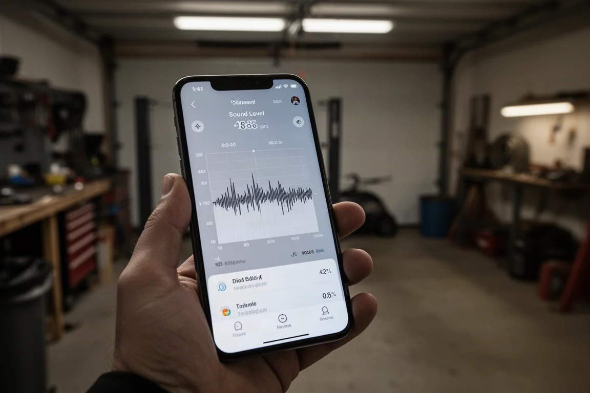 Ljudmätarapp på en smartphone som mäter dammsugarens buller i en verkstad