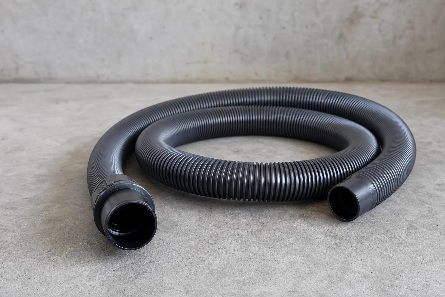 Flexible vacuum hose coiled on a workshop surface