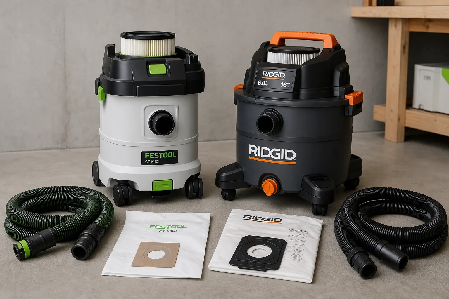 Aspiratori da officina Festool e Rigid con sacchetti e tubi flessibili sul pavimento dell'officina