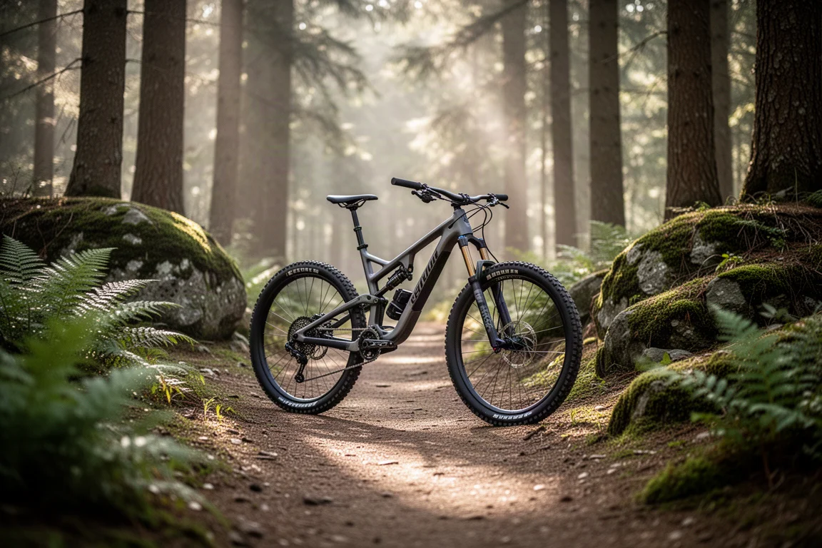 Trailcykel parkerad på en skogsstig med fläckigt morgonljus som filtreras genom träden
