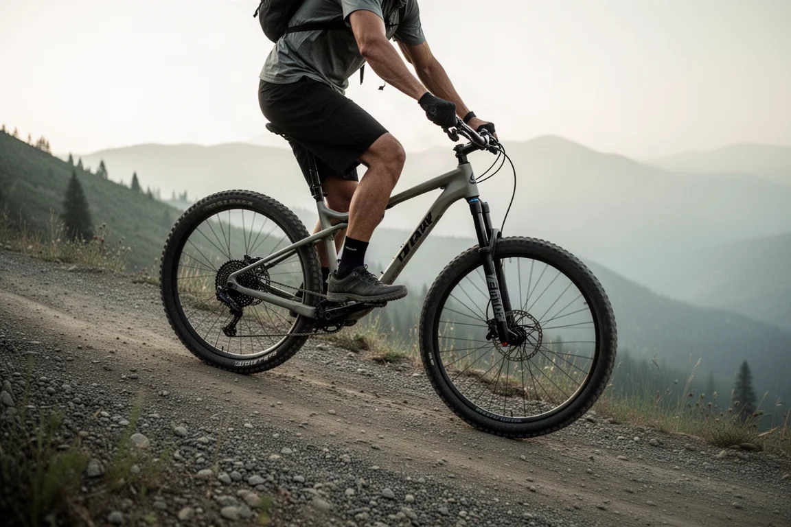 Mountainbikeåkare som klättrar uppför en brant skogsbilväg i tidigt morgonljus