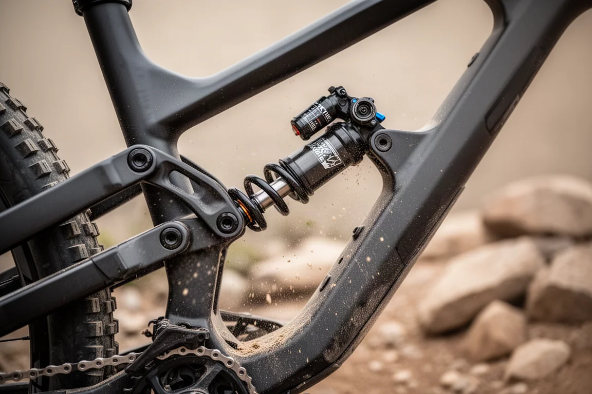 Närbild på en mountainbikes bakdämpare och länkage på en stenig stig